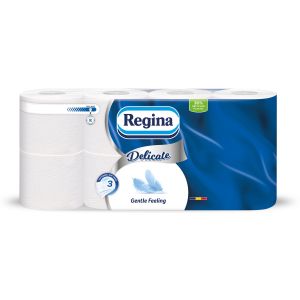 Тоалетна хартия Regina Gentle, целулоза, трипластова, 150 къса, 8 броя, 17.6 m