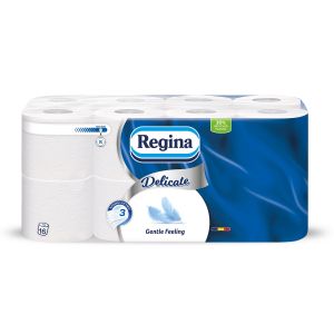 Тоалетна хартия Regina Gentle, целулоза, трипластова, 150 къса, 16 броя, 17.6 m