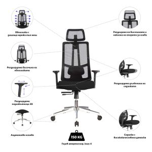 Ергономичен стол RFG Artur HB, дамаска и меш, до 150 kg, черна седалка, черна облегалка