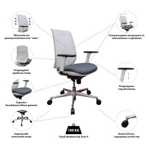 Ергономичен стол MJ Ada White, метална основа, сива седалка, бяла облегалка, сглобена мостра