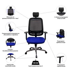 Ергономичен стол MJ Kappa, метална основа, синя седалка, черна облегалка, сглобена мостра