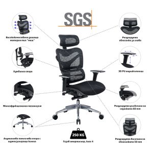 Ергономичен стол RFG TECH@GAMES, Multi-function механизъм, до 250 kg, черна седалка, черна облегалка