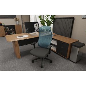 Ергономичен стол RFG STAR HB, дамаска и меш, Synchronous механизъм, до 150 kg, черна седалка, синя облегалка