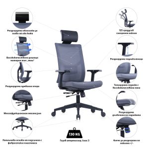 Ергономичен стол RFG Snow Black HB, дамаска и меш, Multi-function механизъм, до 120 kg, светлосива седалка, светлосива облегалка