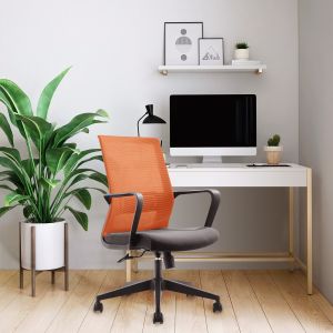 Офис стол RFG Smart W, дамаска и меш, Tilt механизъм, до 120 kg, черна седалка, оранжева облегалка