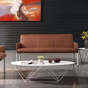 Ниска маса RFG Erika, 120 x 60 x 32 cm, овален бял плот, ПДЧ, черни метални крака, сглобена мостра