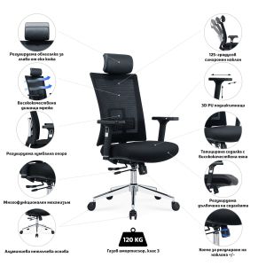 Ергономичен стол RFG Luxe HB Chrome, дамаска и меш, Multi-function механизъм, до 120 kg, черна седалка, черна облегалка