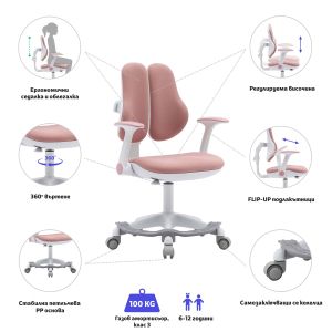 Детски стол RFG Ergo Cute White, текстил, до 100 kg, розов