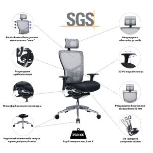 Ергономичен стол RFG TECH@PRO, Multi-function механизъм, до 250 kg, черна седалка, бяло-черна облегалка