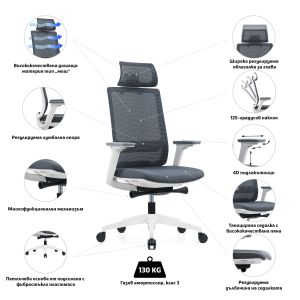 Ергономичен стол RFG Meteor X White HB, дамаска и меш, до 130 kg, сива седалка, сива облегалка