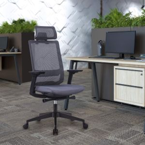 Ергономичен стол RFG Meteor X Black HB, дамаска и меш, до 130 kg, сива седалка, сива облегалка