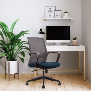 Офис стол RFG Smart W, дамаска и меш, Tilt механизъм, до 120 kg, синя седалка, сива облегалка