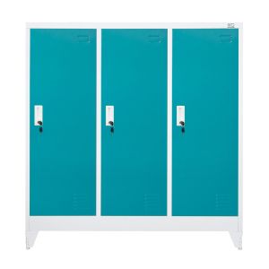 Гардероб RFG, метален, троен, с три врати, 120 х 40 х 120 cm, бял, с тюркоазени врати