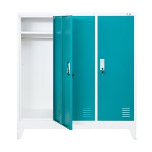 Гардероб RFG, метален, троен, с три врати, 120 х 40 х 120 cm, бял, с тюркоазени врати