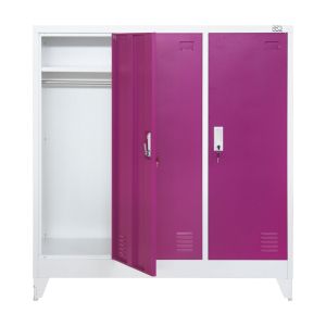 Гардероб RFG, метален, троен, с три врати, 120 х 40 х 120 cm, бял, с лилави врати