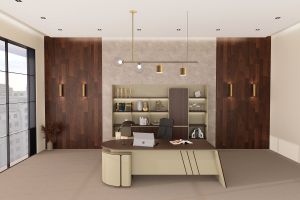 Бюро RFG Savona, с контейнер, 2400 х 1850 х 750 mm, ПДЧ 50 mm, австралийски дъб и сиво