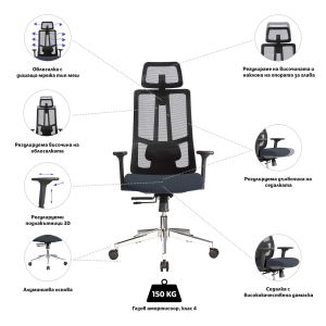 Ергономичен стол RFG Artur HB, дамаска и меш, до 150 kg, тъмносива седалка, черна облегалка