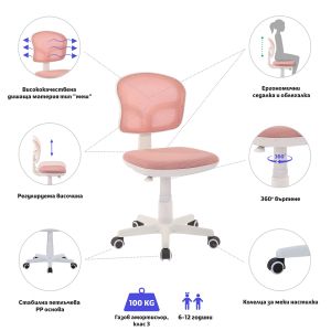 Детски стол RFG Honey White, меш, до 100 kg, розов