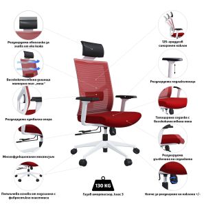 Ергономичен стол RFG Snow HB, дамаска и меш, Multi-function механизъм, до 120 kg, червена седалка, червена облегалка