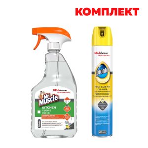 Препарат за почистване на кухня Mr.Muscle, 750 ml, в комплект с Pronto Универсален препарат Multi Surface, 400 ml, 1.15 l