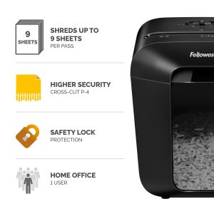 Шредер за унищожаване на документи Fellowes Powershred LX50, P-4, Cross-Cut, черен, обем на коша 17 L, време за почивка 30 мин