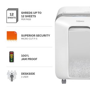 Шредер за унищожаване на документи Fellowes Powershred LX201, Microcut, 22 L, бял, P-5, време за работа 10 мин, Micro-Cut