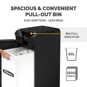 Шредер за унищожаване на документи Fellowes Automax 600M, P-5, Micro-Cut, 83 L, черен, време за работа 45 мин, време за почивка 30 мин