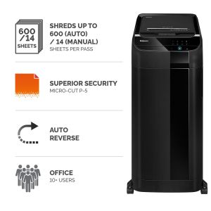 Шредер за унищожаване на документи Fellowes Automax 600M, P-5, Micro-Cut, 83 L, черен, време за работа 45 мин, време за почивка 30 мин