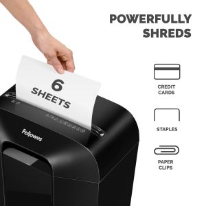 Шредер за унищожаване на документи Fellowes Powershred LX25, P-4, Cross-Cut, черен, обем на коша 11 L, време за работа 3 мин