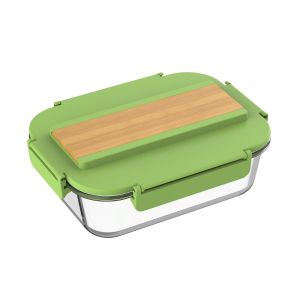 Office 1 Кутия за храна, стъклена, с прибори в капака, 1040 ml, светлозелена