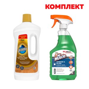 Препарат за почистване на под Pronto и дървени настилки Wood, 1 L, в комплект с Mr.Muscle Препарат за стъкла и прозорци, 750 ml, 1.75 l