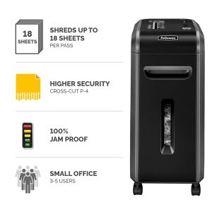 Шредер за унищожаване на документи Fellowes Powershred 99Ci, 100% Jam Proof, Cross-Cut, 34 L, P-4, време за работа 30 мин, време за почивка 40 мин