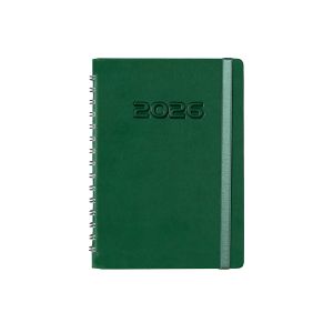 Календар-бележник, А5, с дати, със спирала и ластик, луксозен, зелен