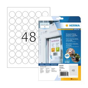 Herma Самозалепващи се етикети, бели, водоустойчиви, диаметър 30 mm, 48 броя, 25 листа