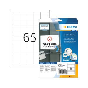 Herma Самозалепващи се етикети, A4, презалепващи, 38.1 х 21.2 mm, 65 броя, 25 листа