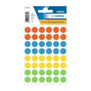 Herma Самозалепващи се етикети, кръгли, диаметър 13 mm, 240 броя, 5 листа, асорти