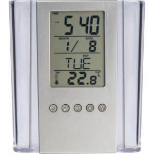 Моливник с часовник,термометър и календар, прозрачен