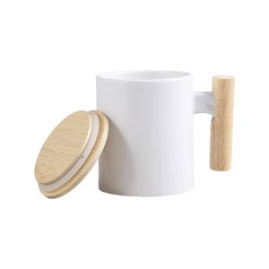BESTSUB Чаша, с дървена дръжка и бамбуков капак, 335 ml, бяла