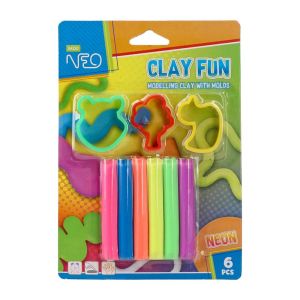 Пластилин Sazio Clay Fun, 80 g, с формички, 6 неонови цвята