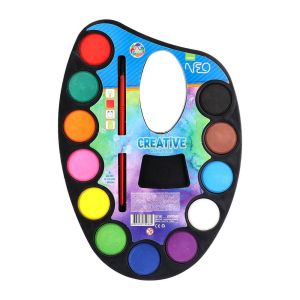 Акварелни бои Sazio Creative, с палитра и четка, 12 цвята