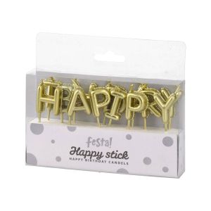 Свещи за торта Festa, Happy Birthday, златисти
