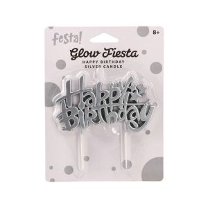 Свещ за торта Festa, Happy Birthday, сребриста