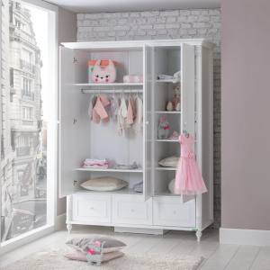 Трикрилен детски гардероб с чекмеджета NIL - бял
