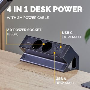 Разклонител Fellowes Ampra Power Desk, шуко, 2 гнезда, 1 USB Type-A, 1 USB Type-C, черен