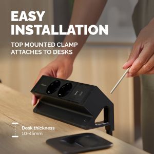 Разклонител Fellowes Ampra Power Desk, шуко, 2 гнезда, 1 USB Type-A, 1 USB Type-C, черен