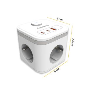 Разклонител Fellowes Ampra Power Cube, шуко, 3 гнезда, 1 USB Type-A, 2 USB Type-C, бял