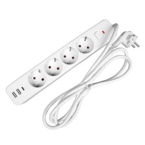 Разклонител Office 1, шуко, 4 гнезда, 3 m кабел, 2 USB Type-A, 1 USB Type-C, с ключ, бял