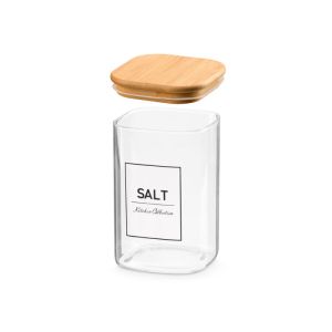 Буркан Vivalto, боросиликатно стъкло, с бамбуков капак, надпис сол, 1.2 L
