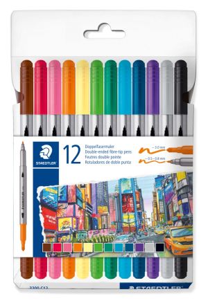 Флумастри Staedtler 3200, двувърхи, 12 цвята, ОСНОВНИ