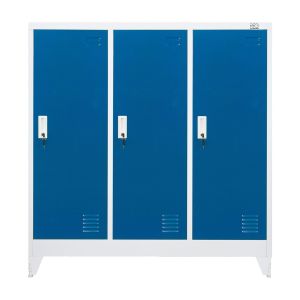 Гардероб RFG, метален, троен, с три врати, 120 х 40 х 120 cm, бял, със сини врати